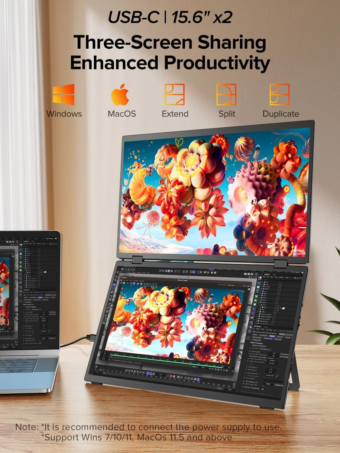 Configuración multi-pantalla. Características: USB-C, compartir tres pantallas, Windows, MacOS.