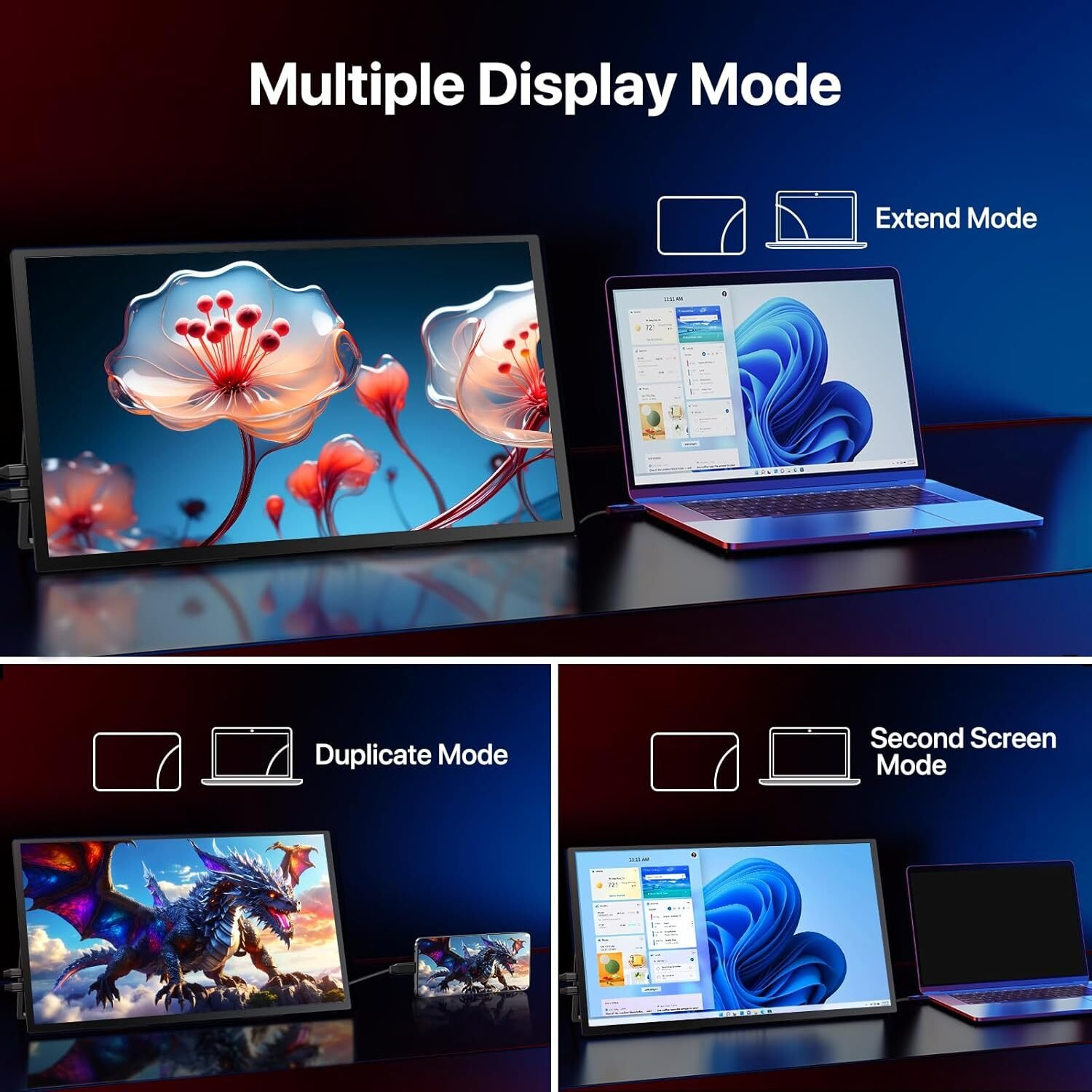 Múltiples modos de visualización: Extender, Duplicar y Segundo Pantalla. Portátiles y monitores.