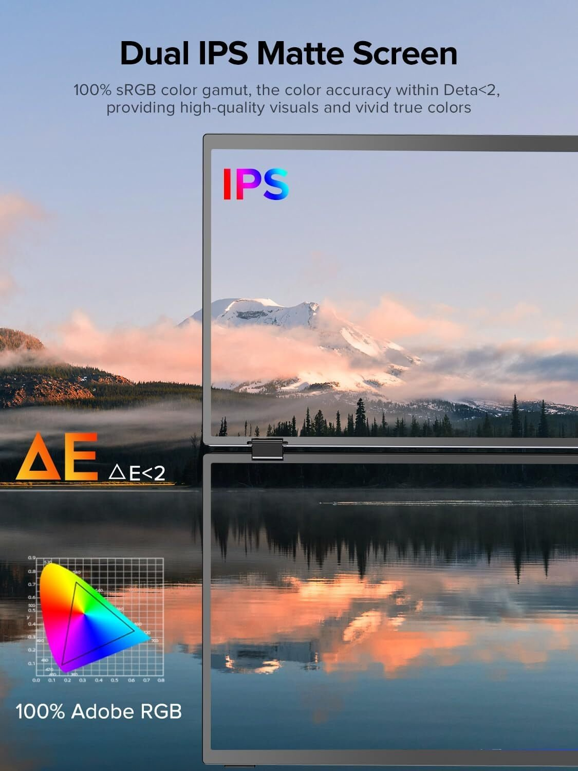 Un monitor muestra un paisaje con un lago y montañas. Se muestra la precisión del color.