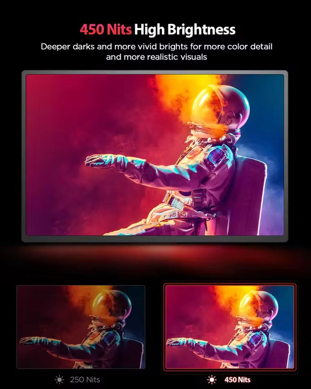 Un astronauta con un traje espacial se muestra en un monitor. Se muestran los niveles de brillo.