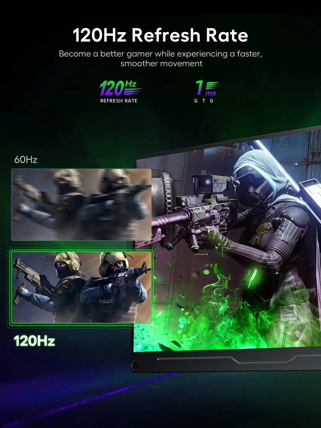 Un monitor muestra soldados en movimiento rápido y una escena de juego con efectos verdes.