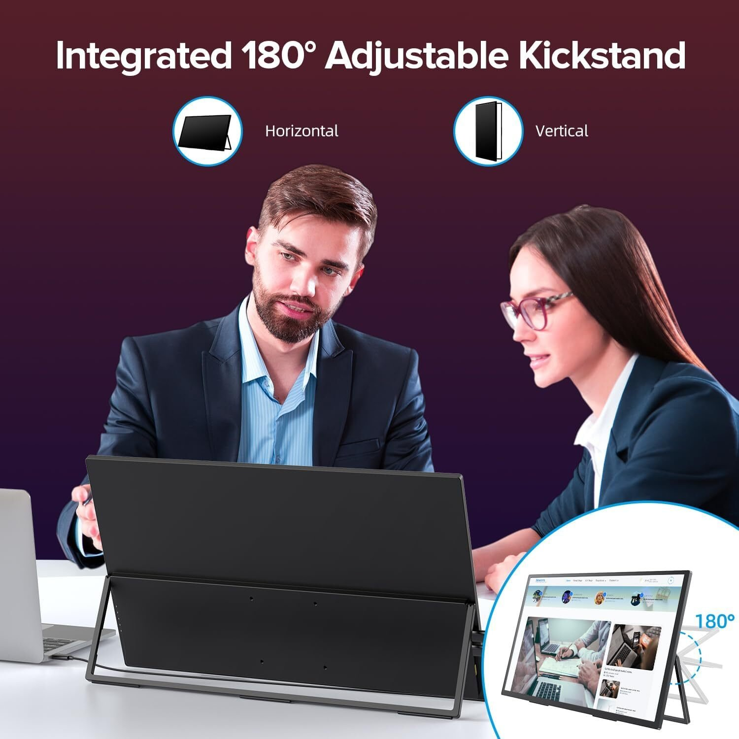 Dos personas miran un monitor, con un soporte que se ajusta 180 grados.