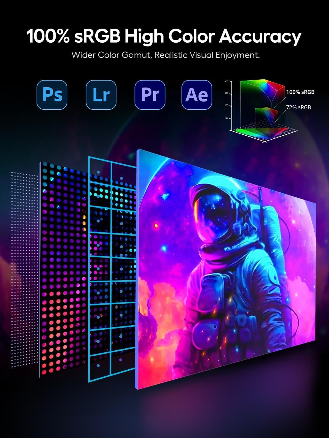 El anuncio muestra un monitor con un astronauta en la pantalla, promocionando una precisión de color alta sRGB del 100% para imágenes realistas.