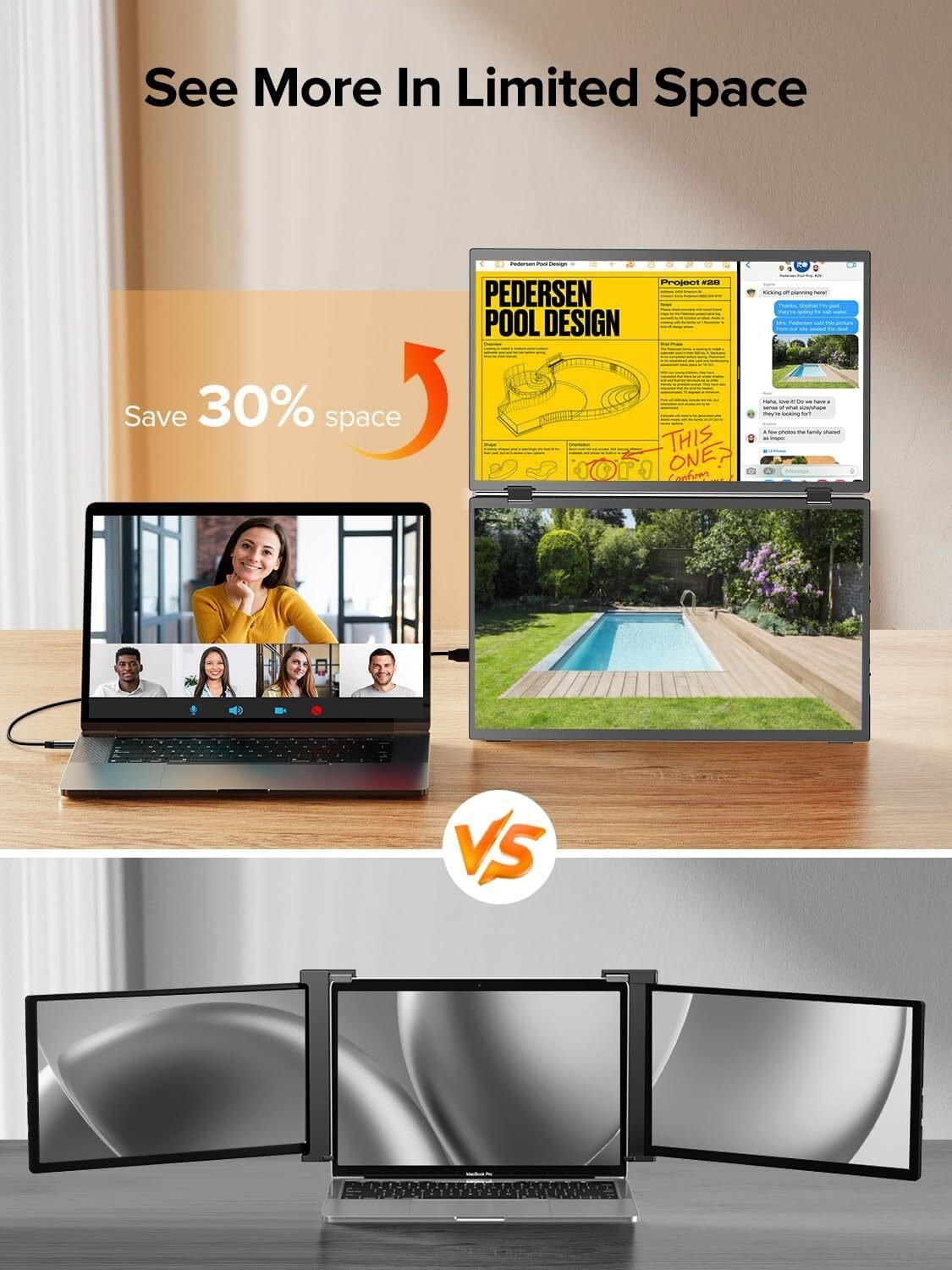 Una laptop muestra múltiples pantallas, con una comparación con una configuración estándar.