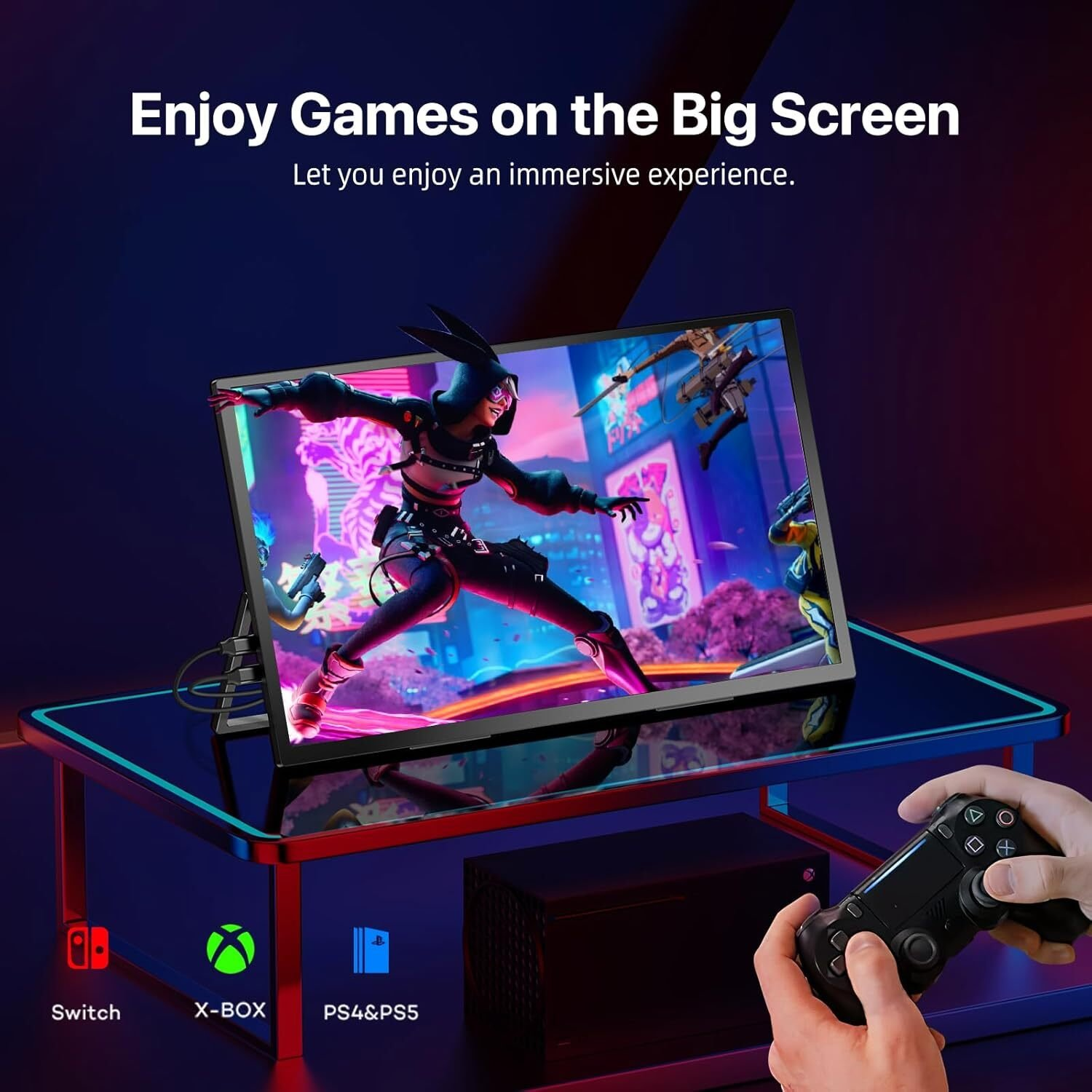 El anuncio muestra un monitor portátil sobre una mesa con alguien jugando un videojuego con un mando.