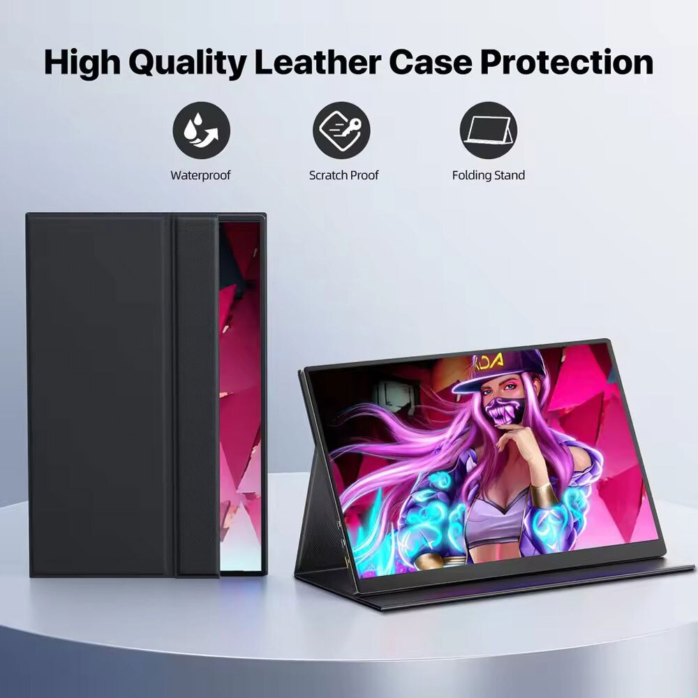 Una funda de cuero negro protege un monitor. El monitor muestra un gráfico colorido.