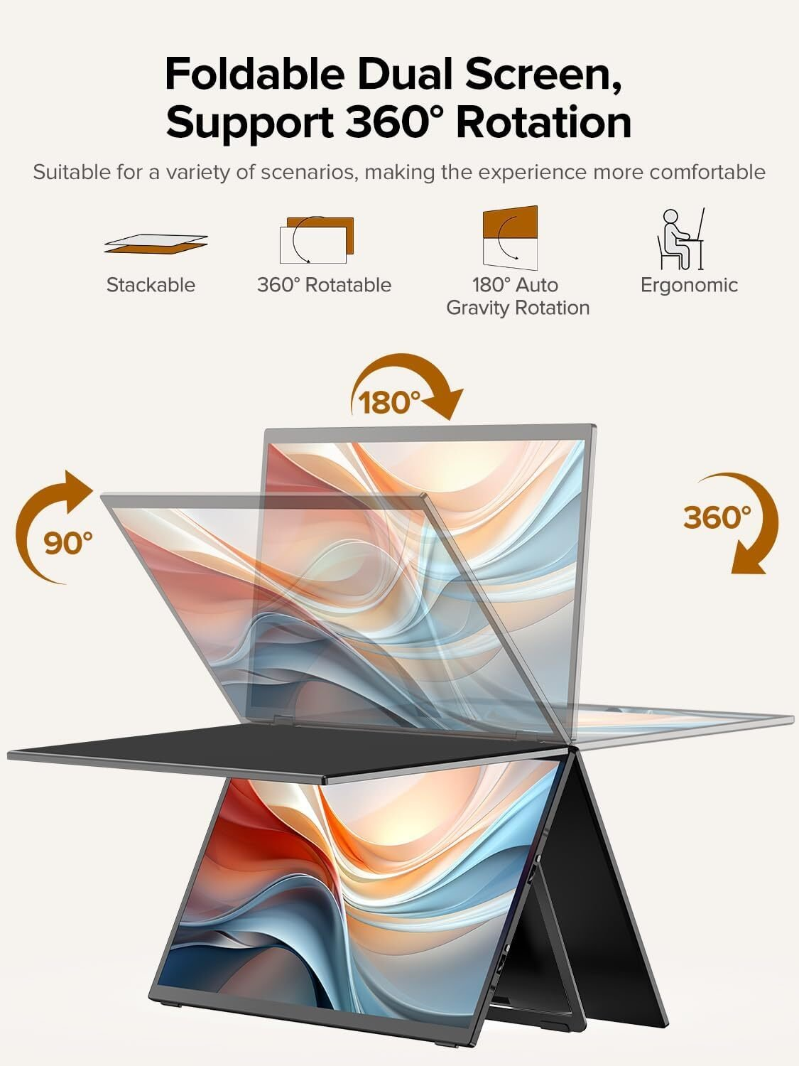 El anuncio muestra un portátil plegable de doble pantalla con rotación de 360°, destacando su diseño apilable y ergonómico.