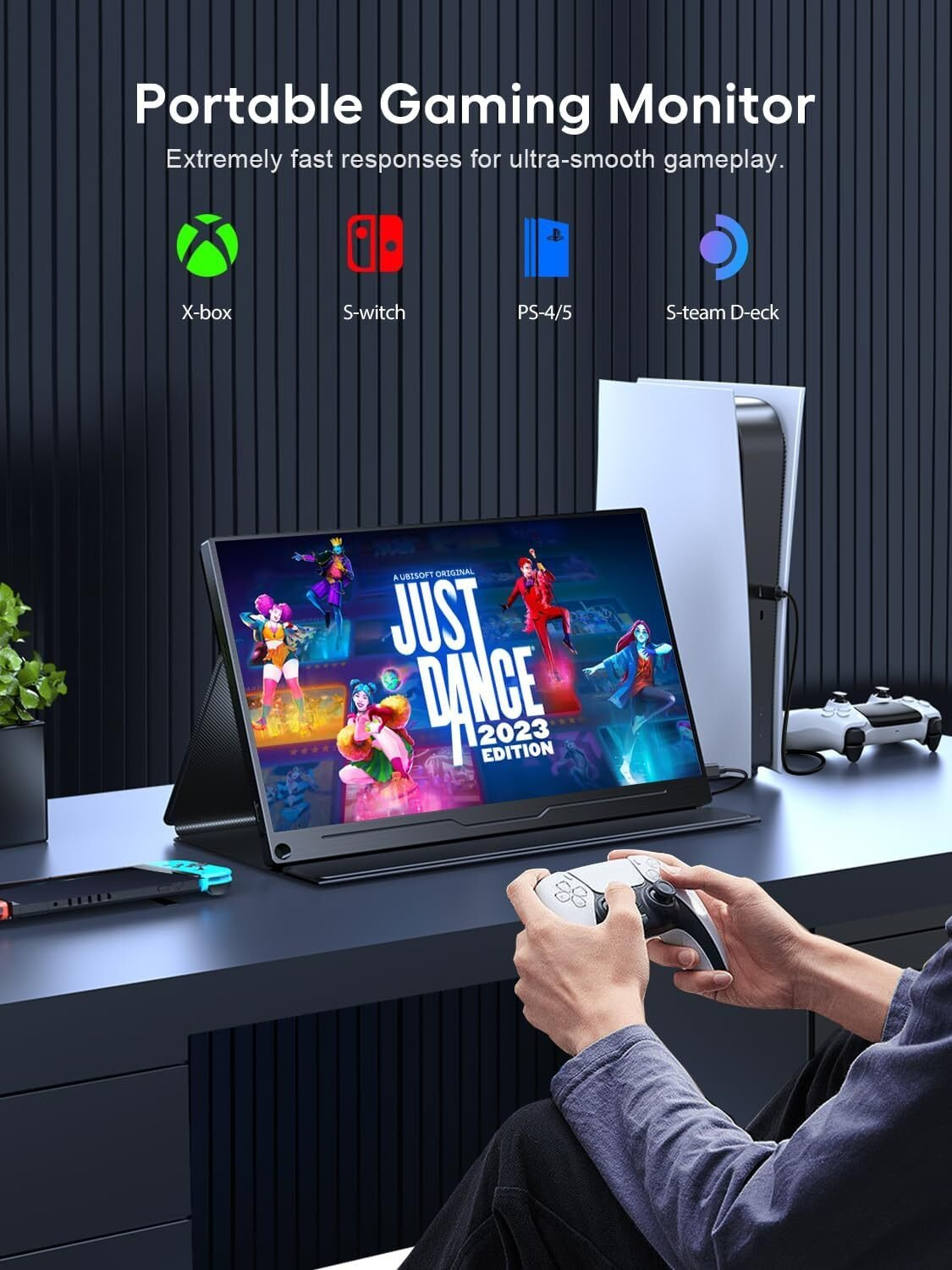 Un monitor de juegos portátil muestra un juego. Una persona sostiene un controlador.