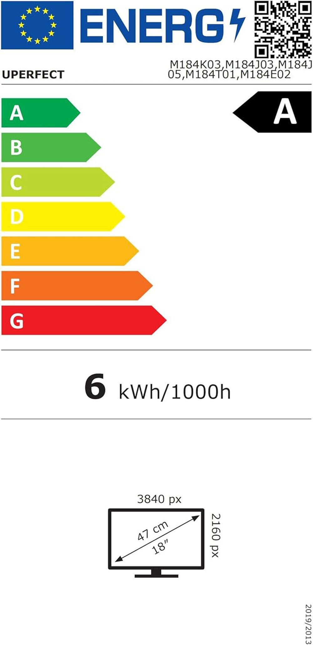Etiqueta energética para un monitor Uperfect, con una calificación A de eficiencia energética, que consume 6 kWh/1000h. El tamaño de la pantalla es de 18".