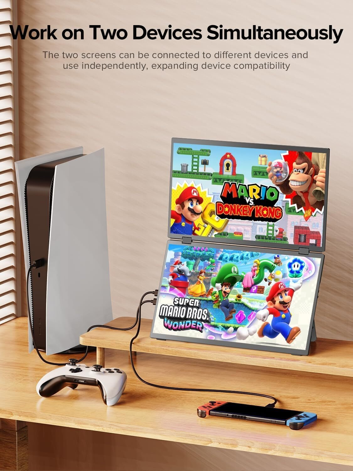 El anuncio muestra dos monitores en una mesa conectados a una PS5 y Nintendo Switch, mostrando juegos de Mario.
