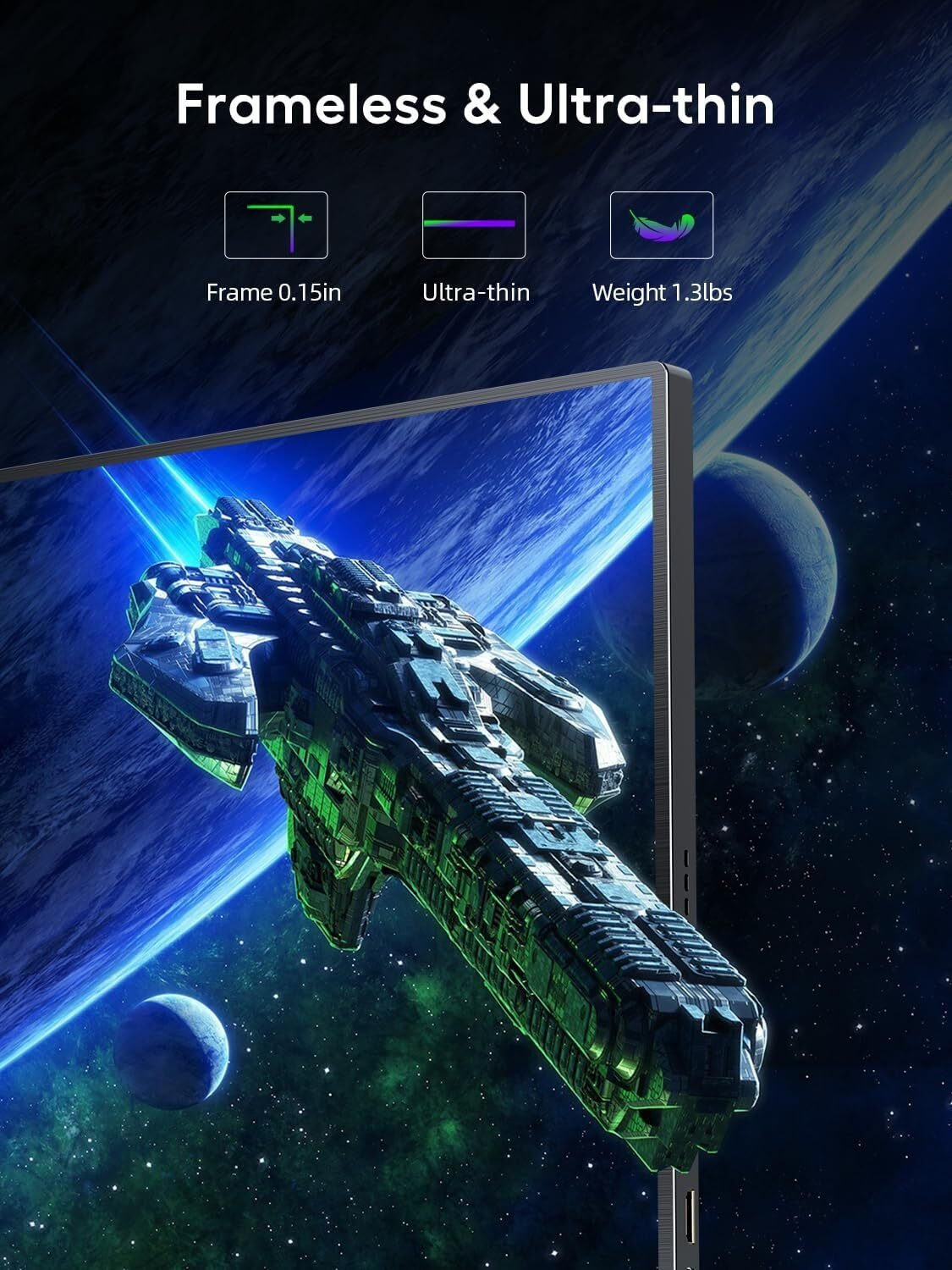 El anuncio muestra un monitor sin marco y ultradelgado que muestra una nave espacial con fondo espacial, enfatizando su diseño.