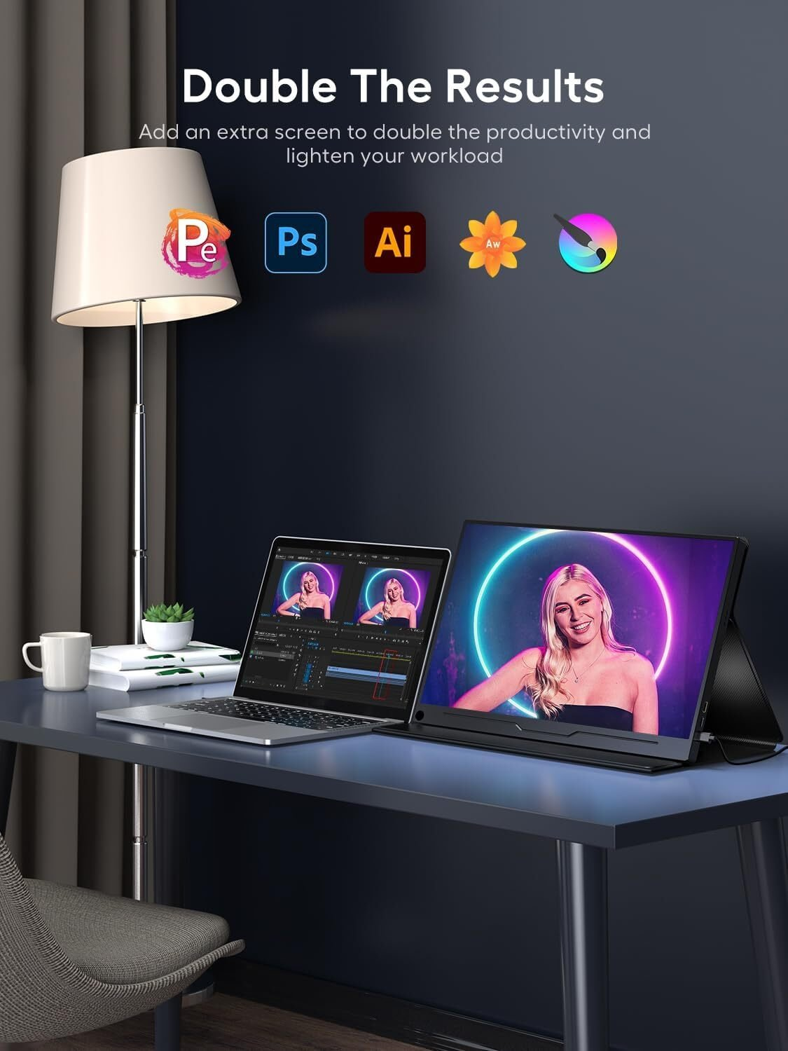 Una computadora portátil y un monitor uno al lado del otro en un escritorio. El monitor muestra la imagen de una mujer.
