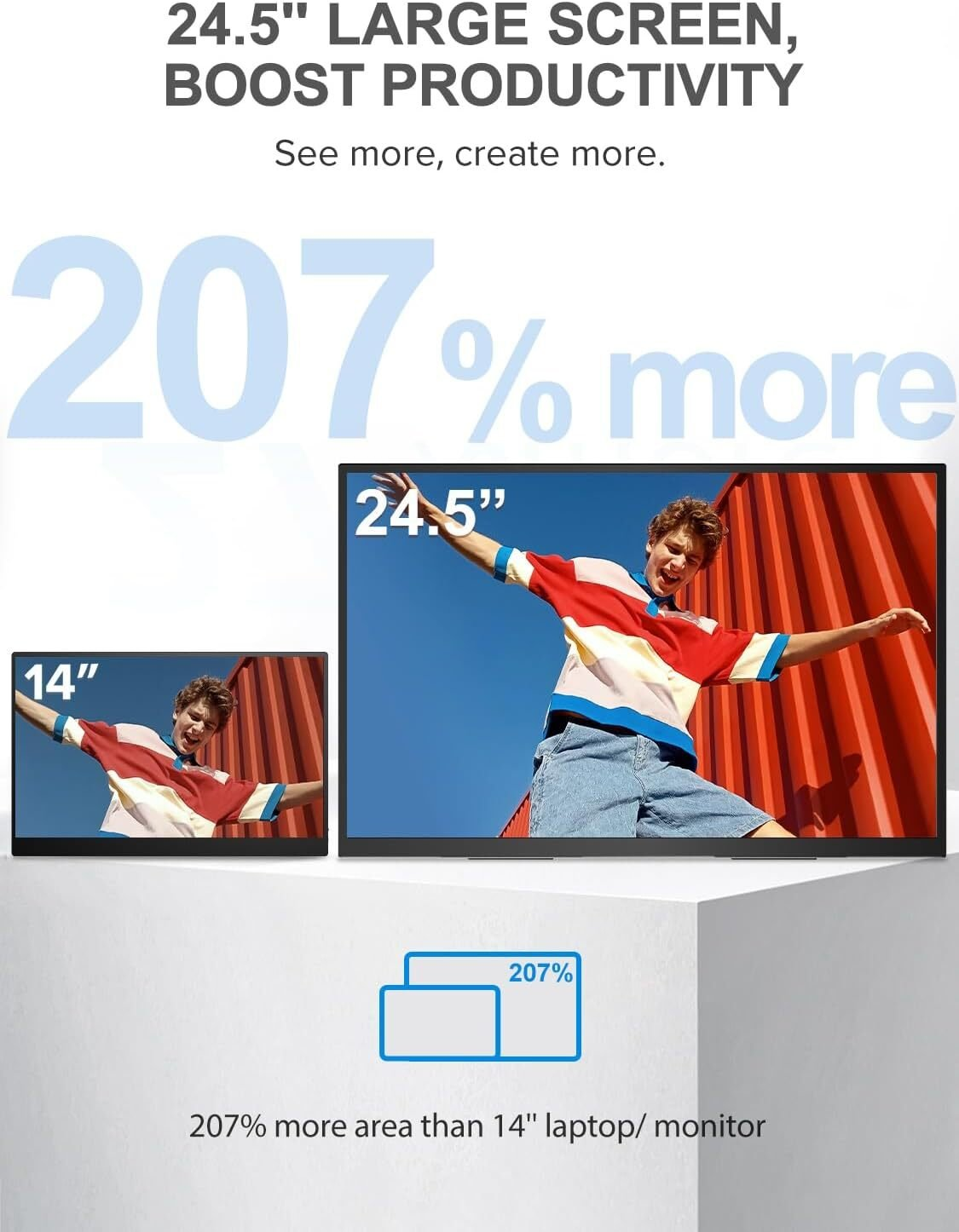 Imagen comparativa, con una persona en camisa roja, mostrando monitor 14" vs 24.5".