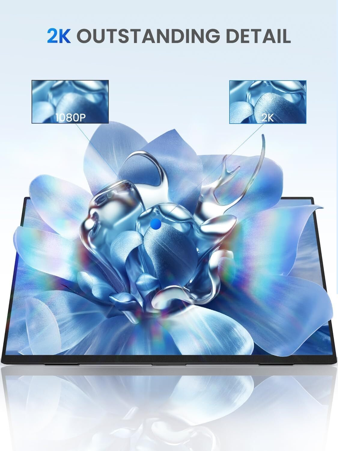 Una flor azul con elementos acuáticos, una pantalla al fondo con imágenes 2K y 1080P.