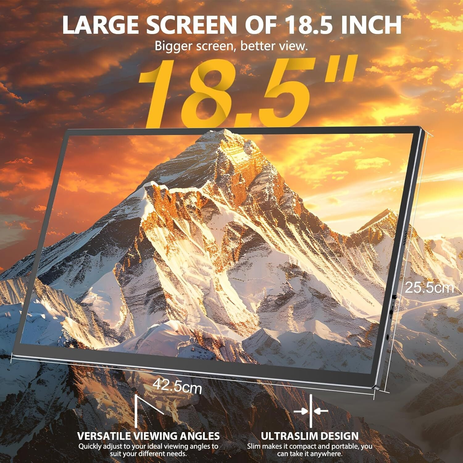 Un monitor de 18,5 pulgadas muestra una escena de montaña. El texto destaca 'PANTALLA GRANDE' y 'ÁNGULOS DE VISIÓN VERSÁTILES'.