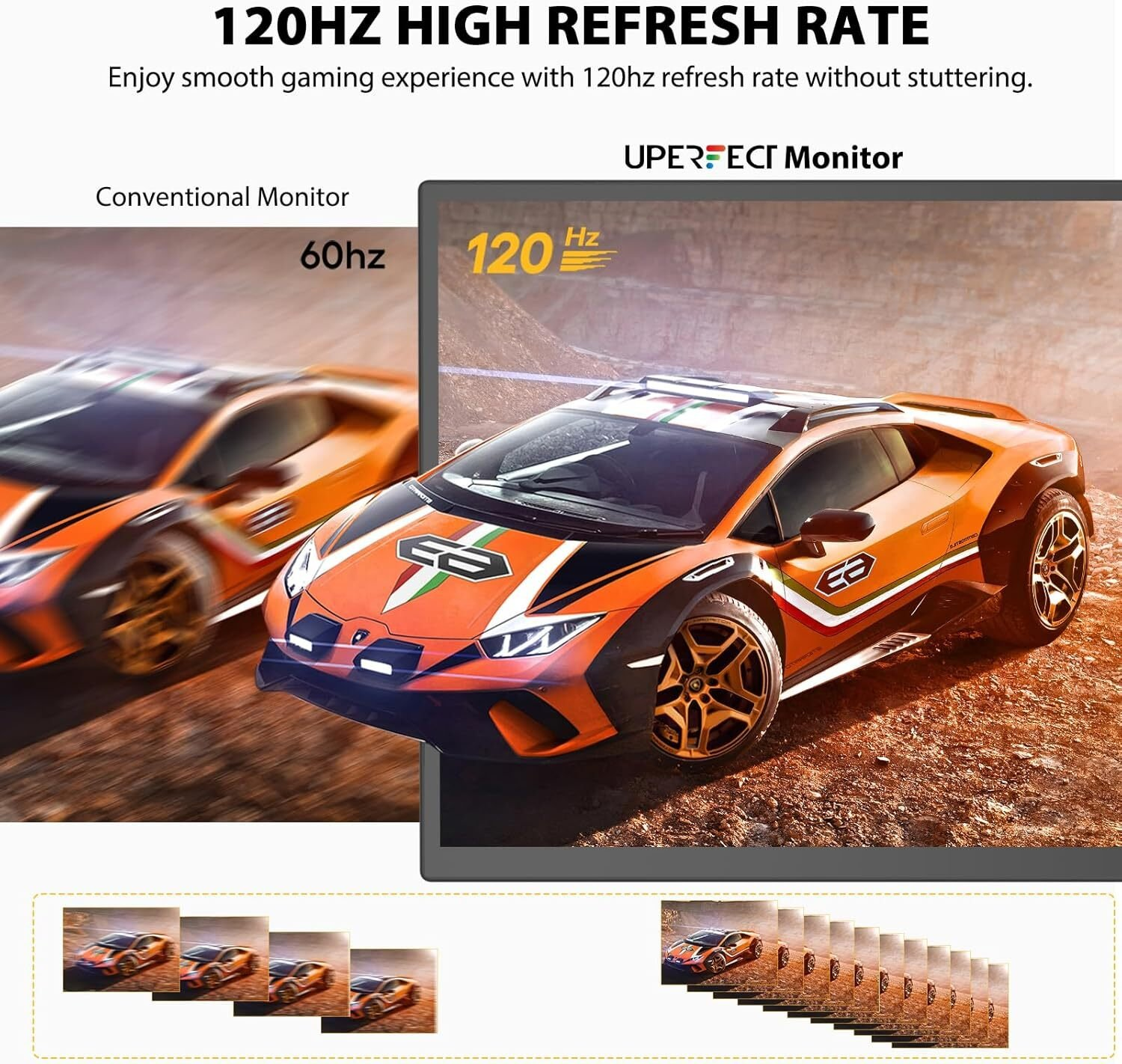 Un monitor muestra un coche de carreras a 120 Hz. La comparación se muestra a la izquierda con un monitor convencional de 60 Hz.