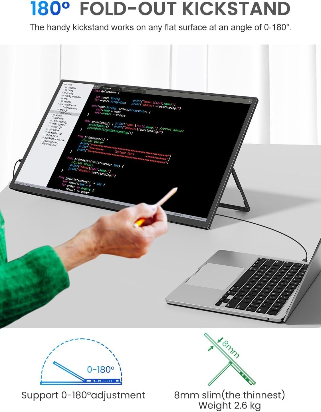 Un monitor con un portátil, mostrando código, y una mano. Soporte ajustable.