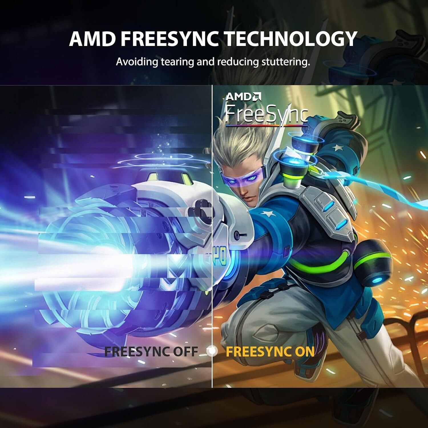 Imagen mostrando FreeSync desactivado vs activado, con un personaje de juego.