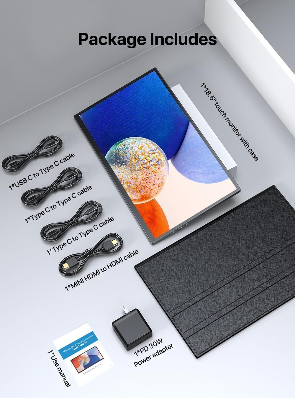 El paquete incluye un monitor táctil de 18,5 pulgadas con funda, cables, un adaptador de corriente y un manual de usuario.