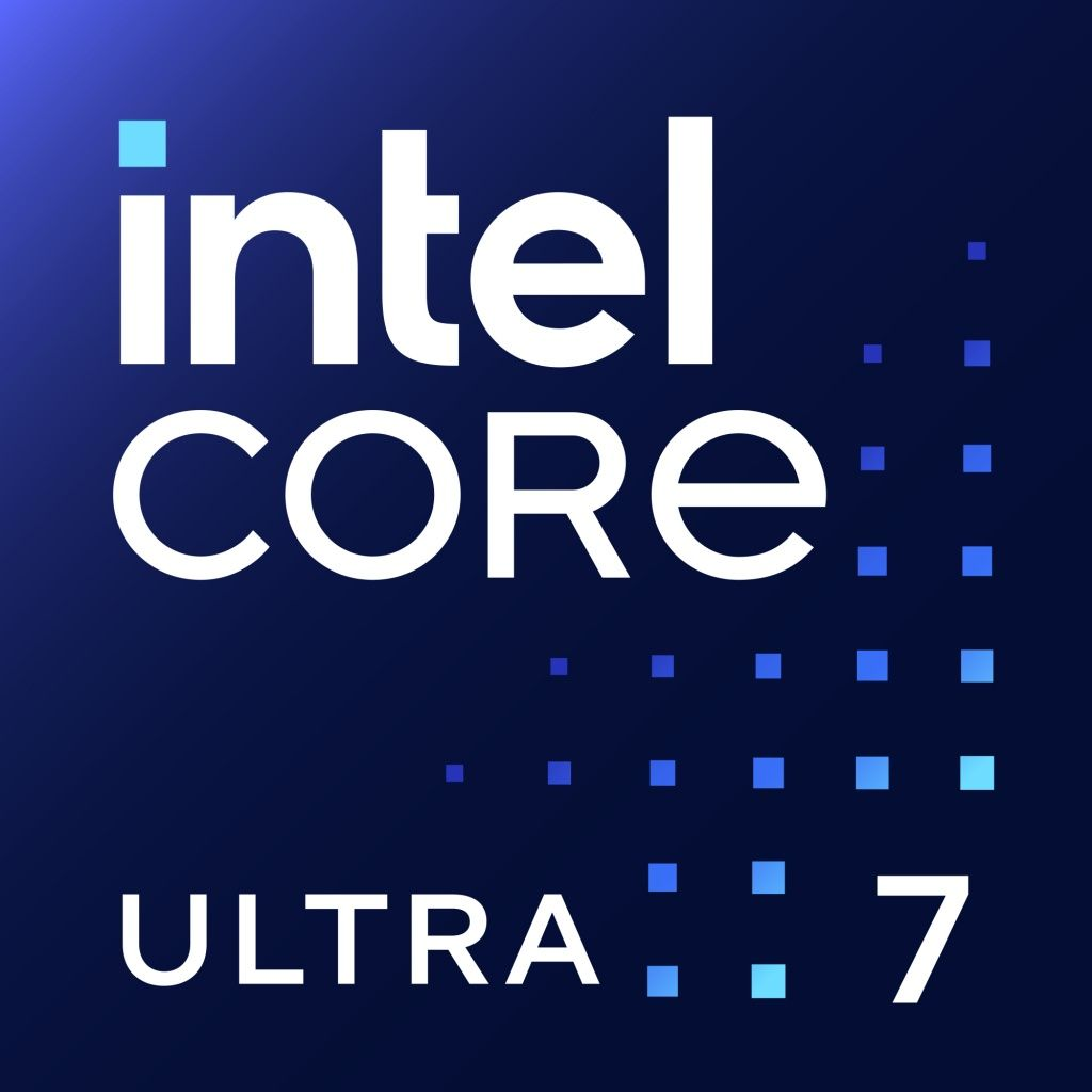 Logo Intel Core Ultra 7 na gradientowym niebieskim tle. Tekst jest biały.