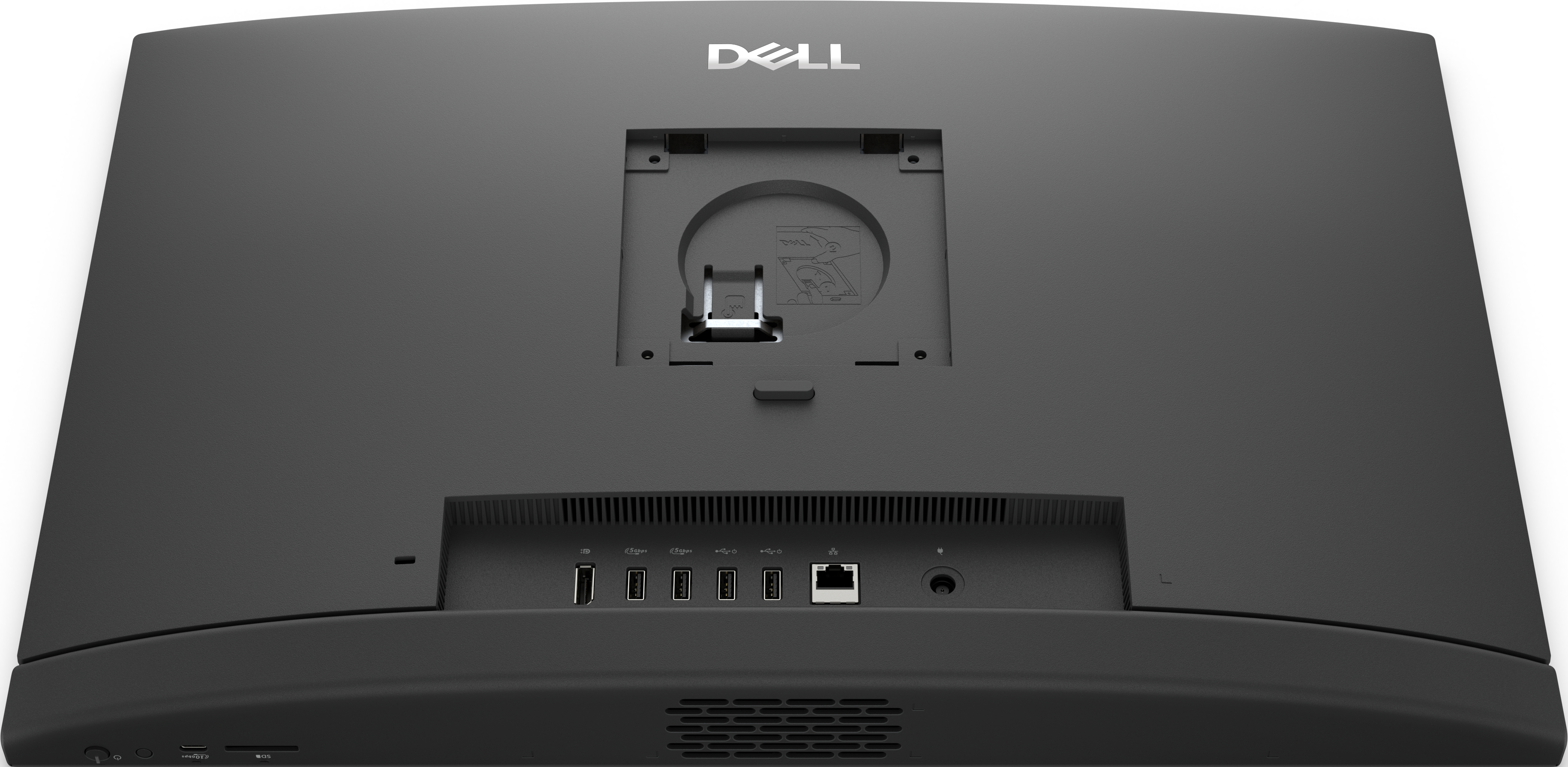 Retro di un computer all-in-one Dell. Dispone di porte e un supporto.