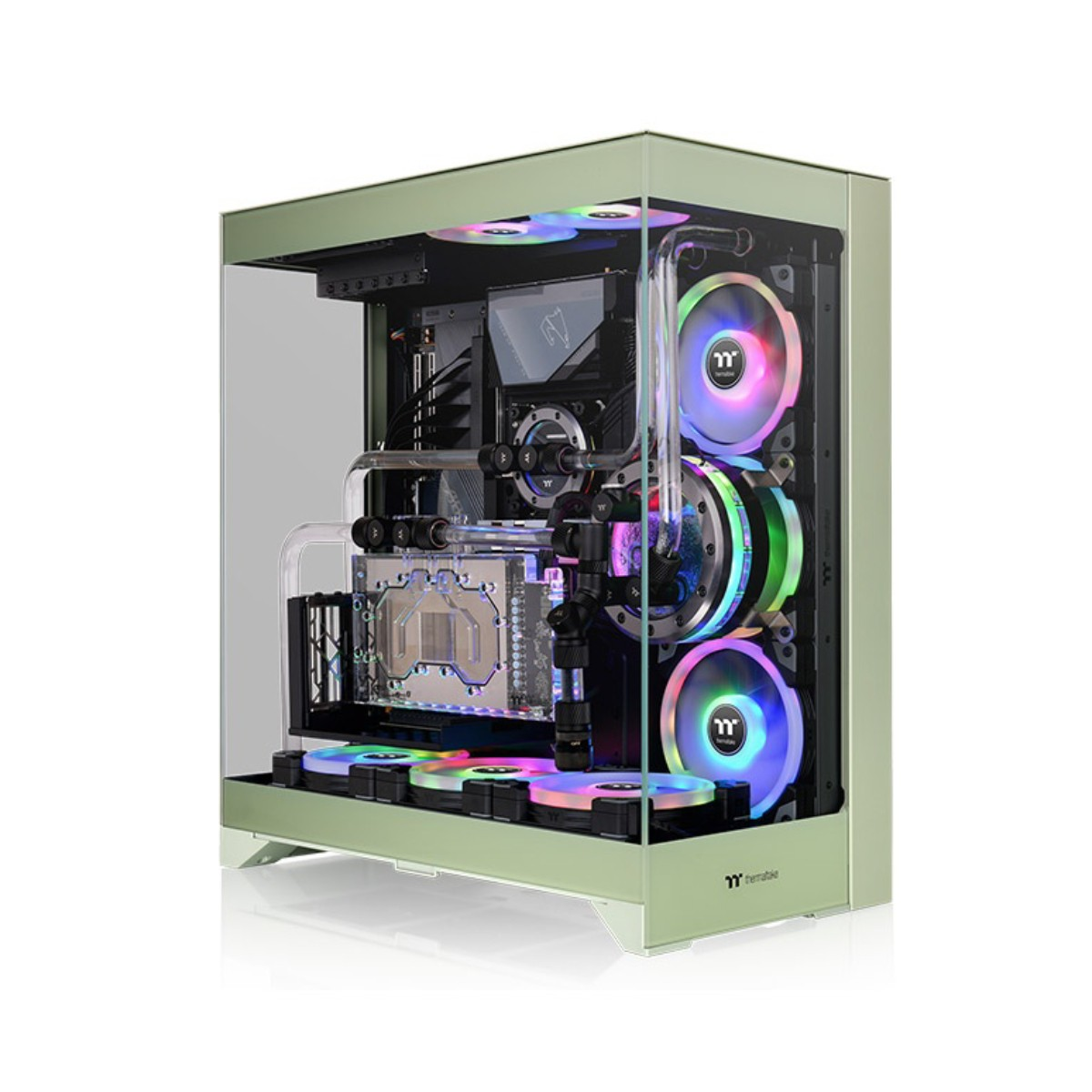 Un case per computer verde con componenti interni, inclusi ventole con illuminazione RGB.
