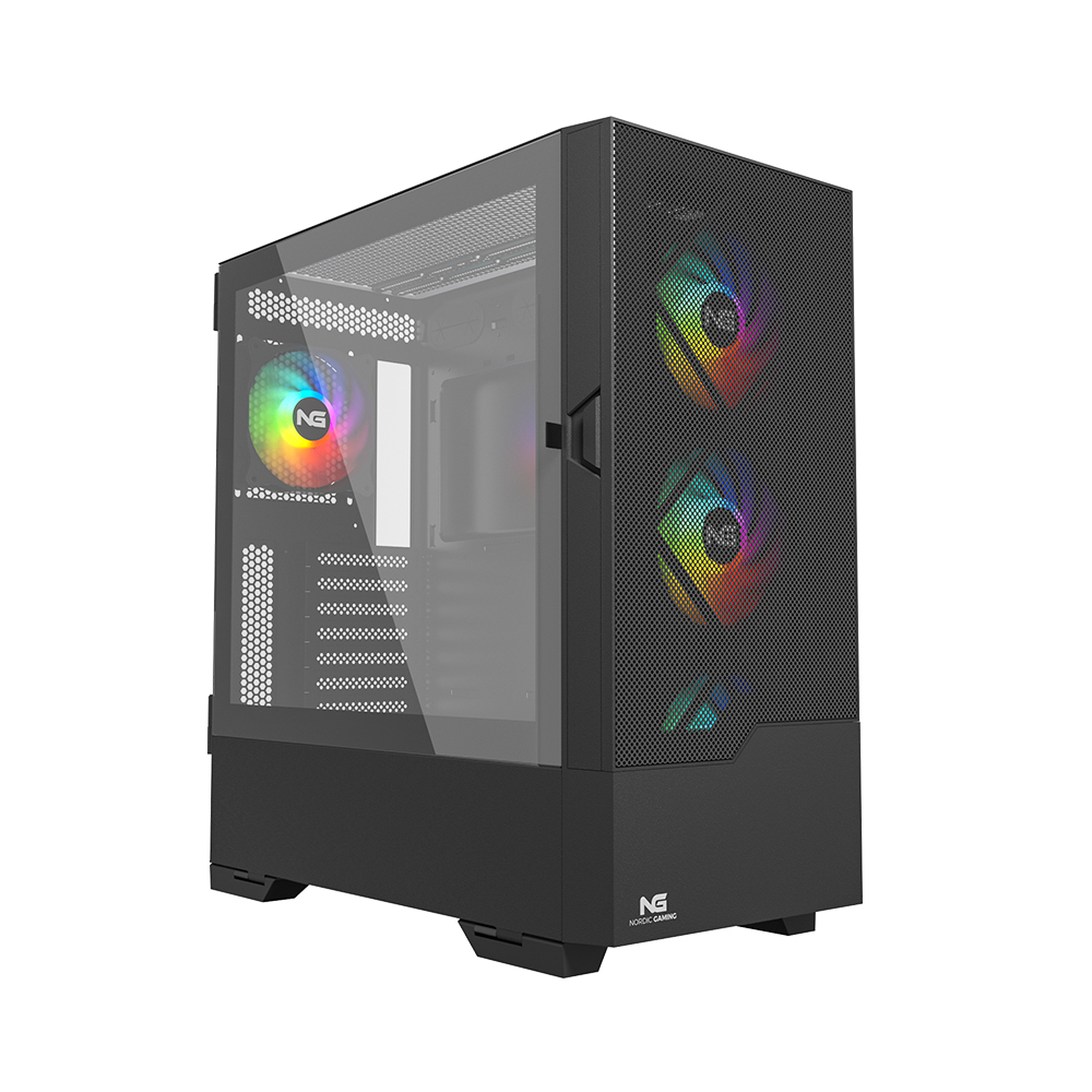 Case per computer nero con pannello in vetro, con ventole con illuminazione RGB arcobaleno.