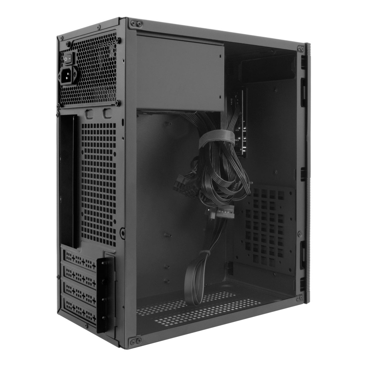 Un case per computer nero, che mostra l'interno, con cavi e alimentatore visibili.