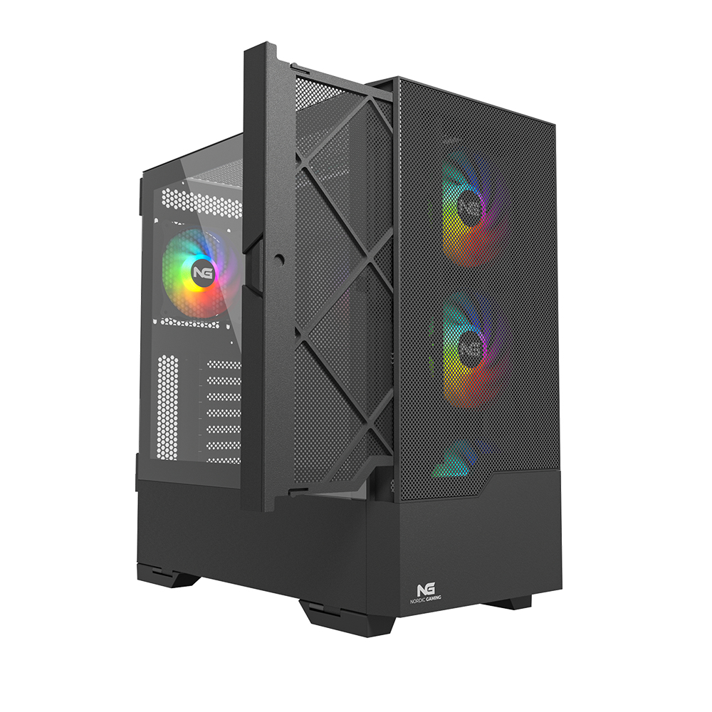 Un case per computer con pannello laterale aperto, che rivela i componenti interni, tra cui ventole RGB.