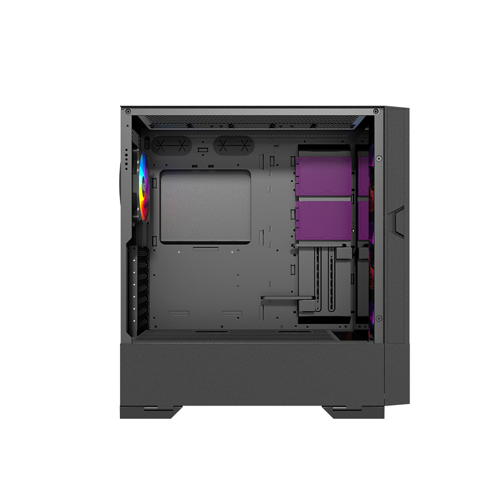 Vista interna di un case per PC, che mostra il vassoio della scheda madre, gli slot di espansione e le opzioni di gestione dei cavi.