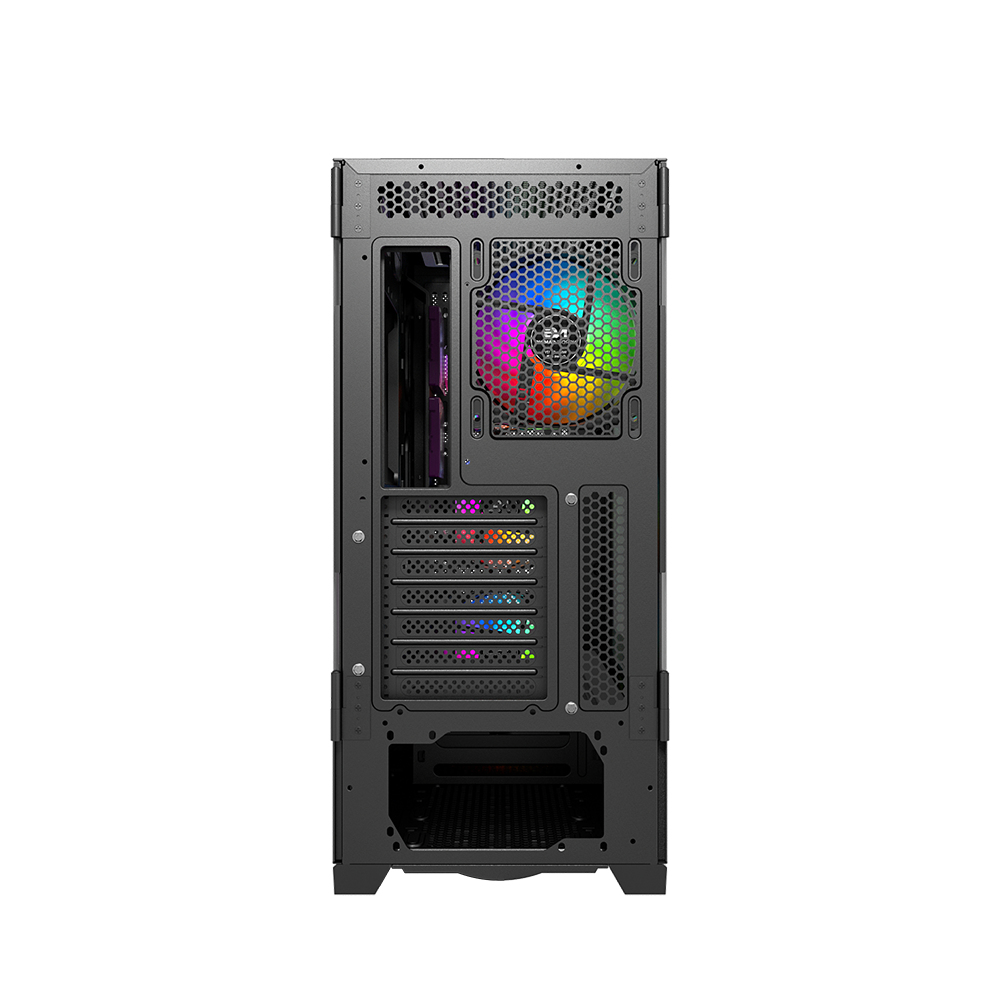 Interno di un case per computer. Mostra una ventola illuminata ad arcobaleno e varie porte.