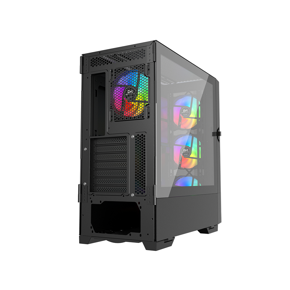 Case per PC nero con pannello laterale in vetro temperato e ventole RGB visibili all'interno.