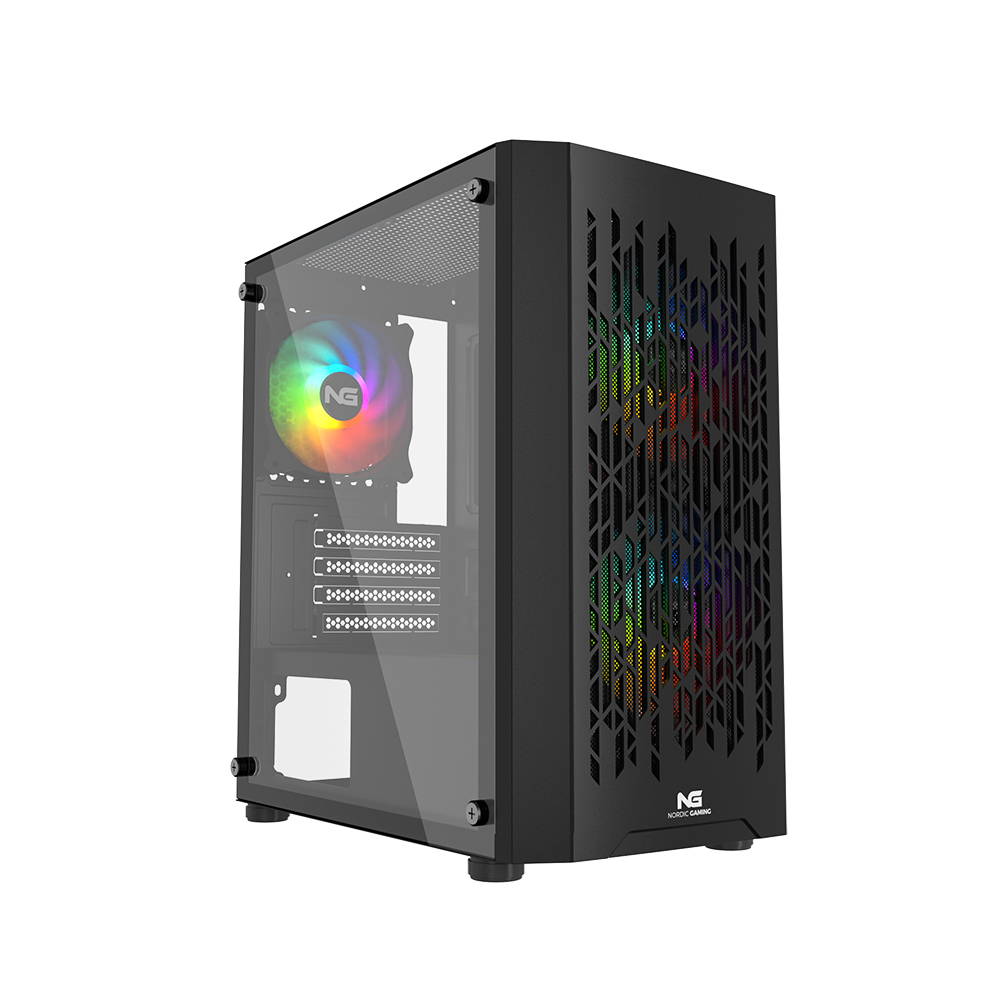 Schwarzes PC-Gehäuse mit einer Seitenwand aus gehärtetem Glas und RGB-Lüftern, die im Inneren sichtbar sind.