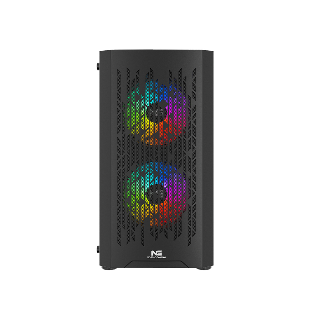 Schwarzes Computergehäuse mit zwei RGB-Lüftern auf der Frontplatte, mit Mesh-Design.