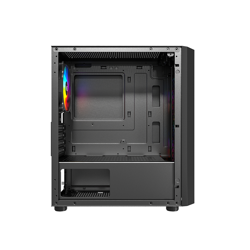 Innenraum eines leeren schwarzen Computergehäuses mit Regenbogenlicht-Lüfter. Das Gehäuse ist offen.