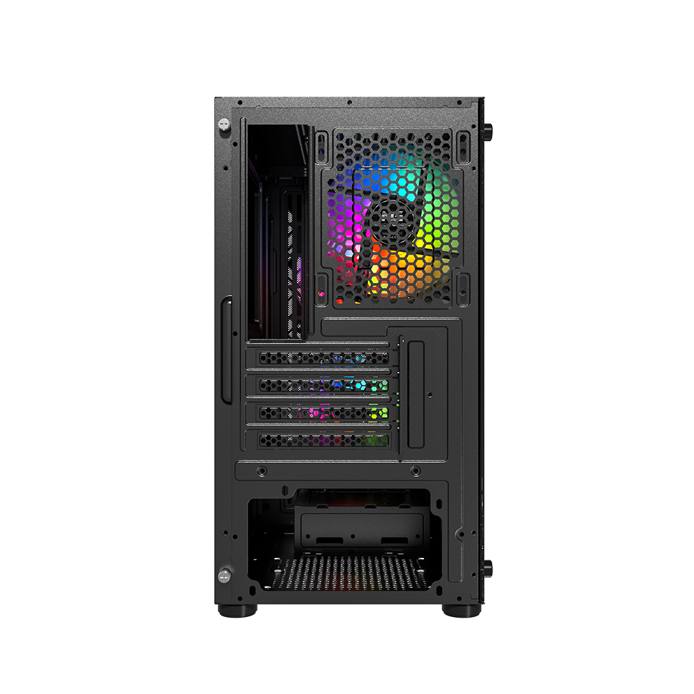 Innenraum eines Computergehäuses. Zeigt einen regenbogenfarben beleuchteten Lüfter und Anschlüsse.
