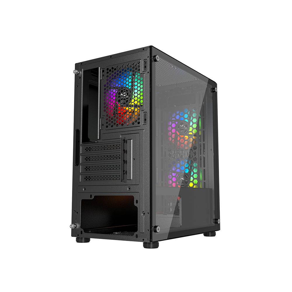 Schwarzes PC-Gehäuse mit einer Seitenwand aus gehärtetem Glas und RGB-Lüftern, die im Inneren sichtbar sind.