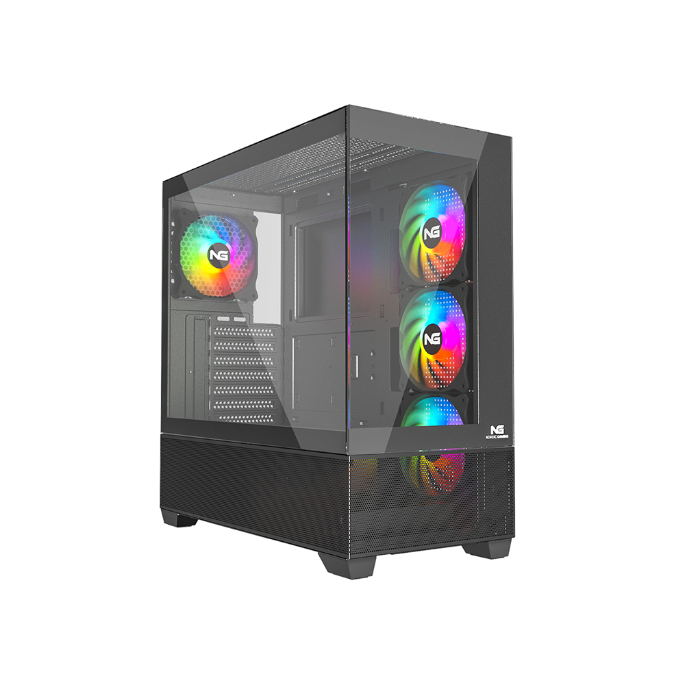 Case per computer nero con pannello in vetro, con ventole con illuminazione RGB arcobaleno.