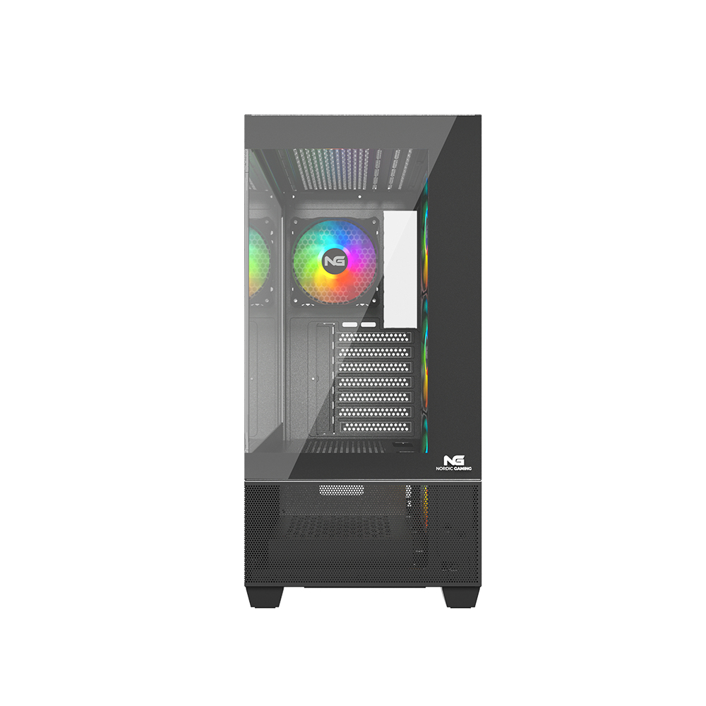 Case per PC nero con pannello laterale in vetro temperato e ventole RGB visibili all'interno.