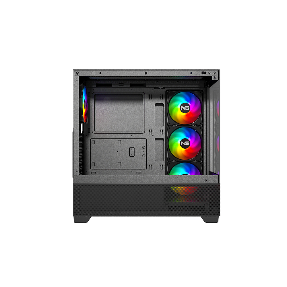 Vista interna di un case per computer che mostra ventole con illuminazione RGB.