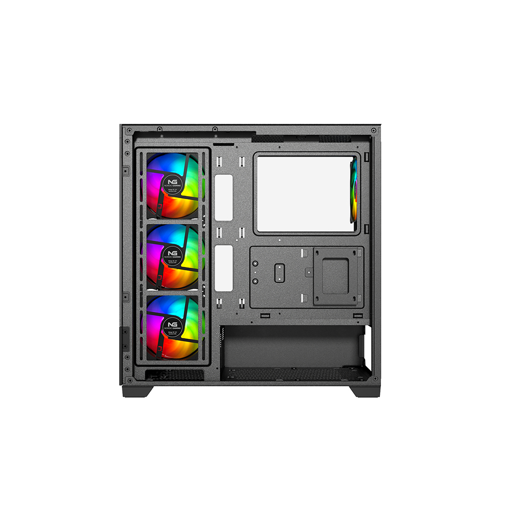 Vista interna di un case per PC nero con tre ventole RGB.