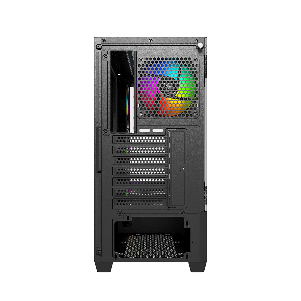 Vista interna di un case per computer, con una ventola con illuminazione RGB.