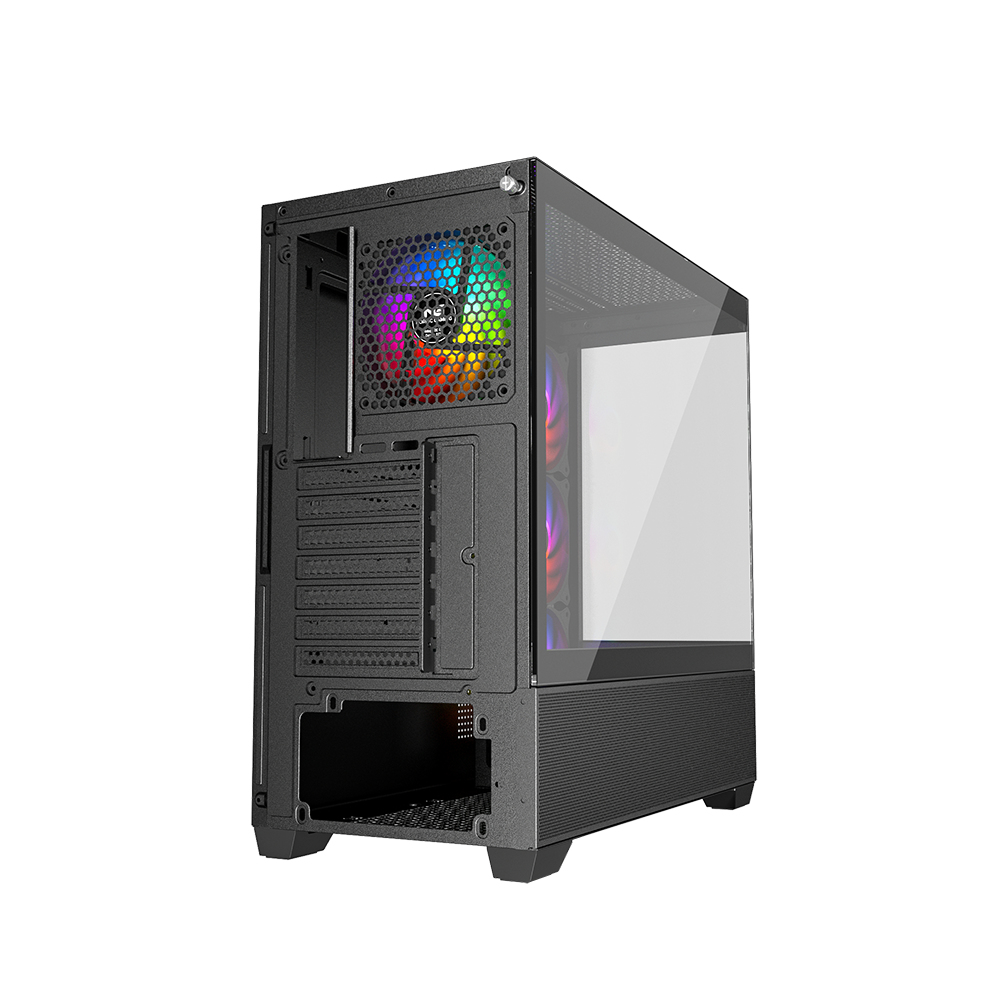 Case per PC nero con pannello laterale in vetro temperato e ventole RGB visibili all'interno.