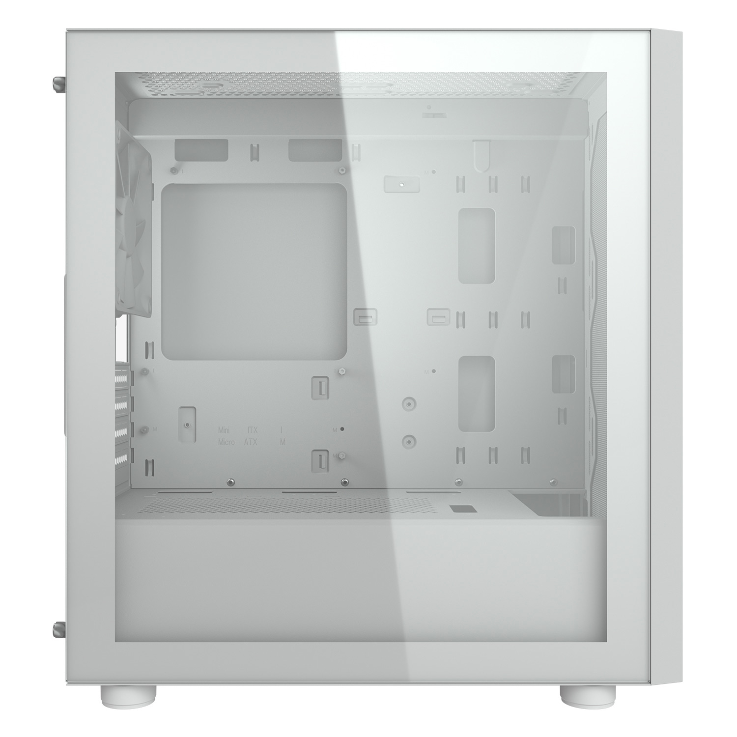 Case per PC bianco con pannello laterale in vetro temperato che mostra i componenti interni.
