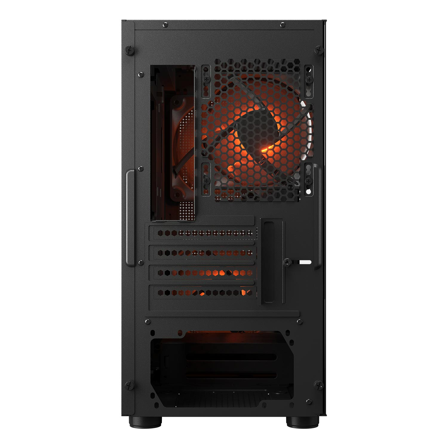 Vista posteriore del case per PC nero con ventola visibile, slot di espansione e porte I/O.