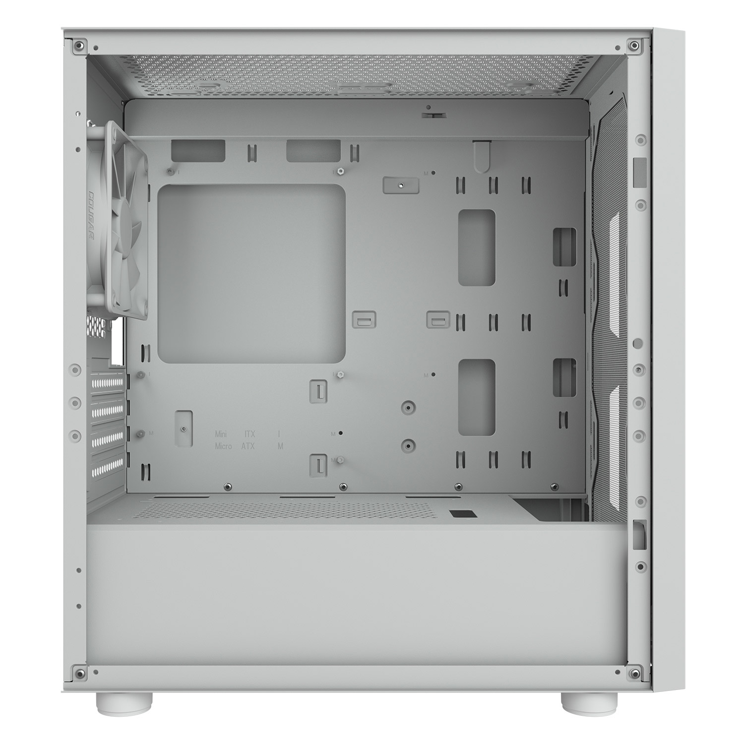 Interno di un case per computer bianco con spazio per i componenti. Include una ventola, punti di montaggio ed elementi.