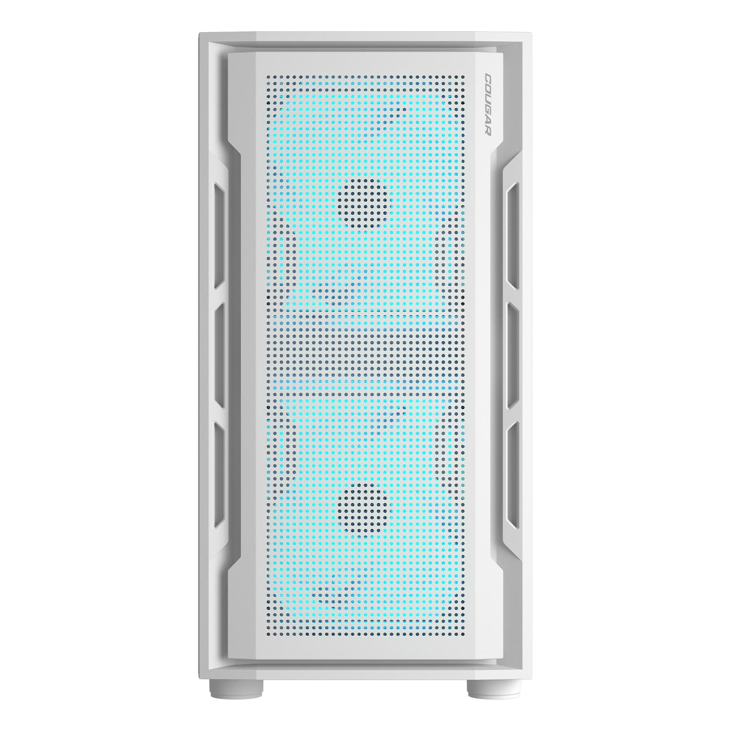 Case per PC bianco con pannello frontale a rete e due ventole blu visibili attraverso la rete.