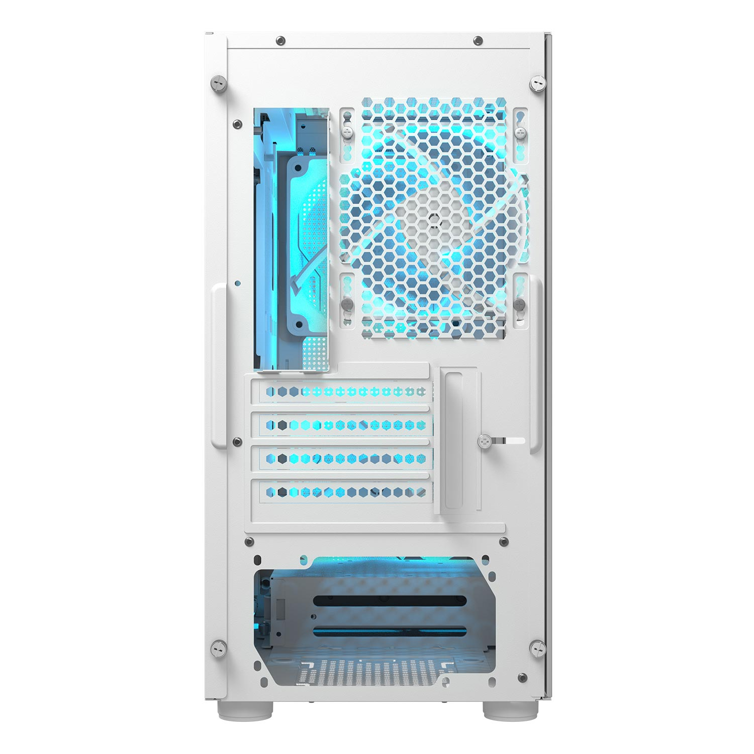 Vista posteriore di un case per PC bianco. Include ventola, aperture e maniglia. Luci blu all'interno.