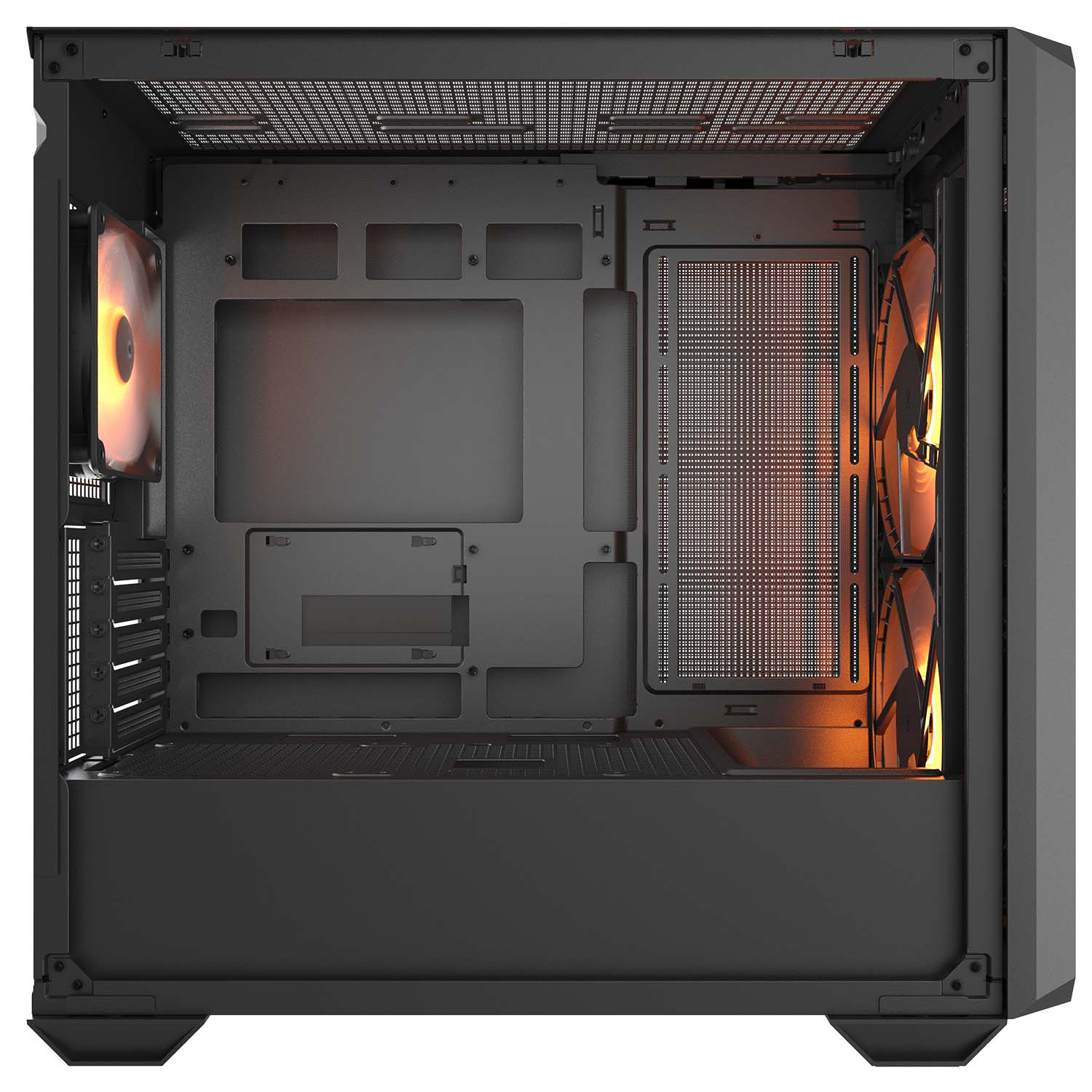 Vista interna di un case per computer. Sono visibili ventole arancioni. Il case è scuro.