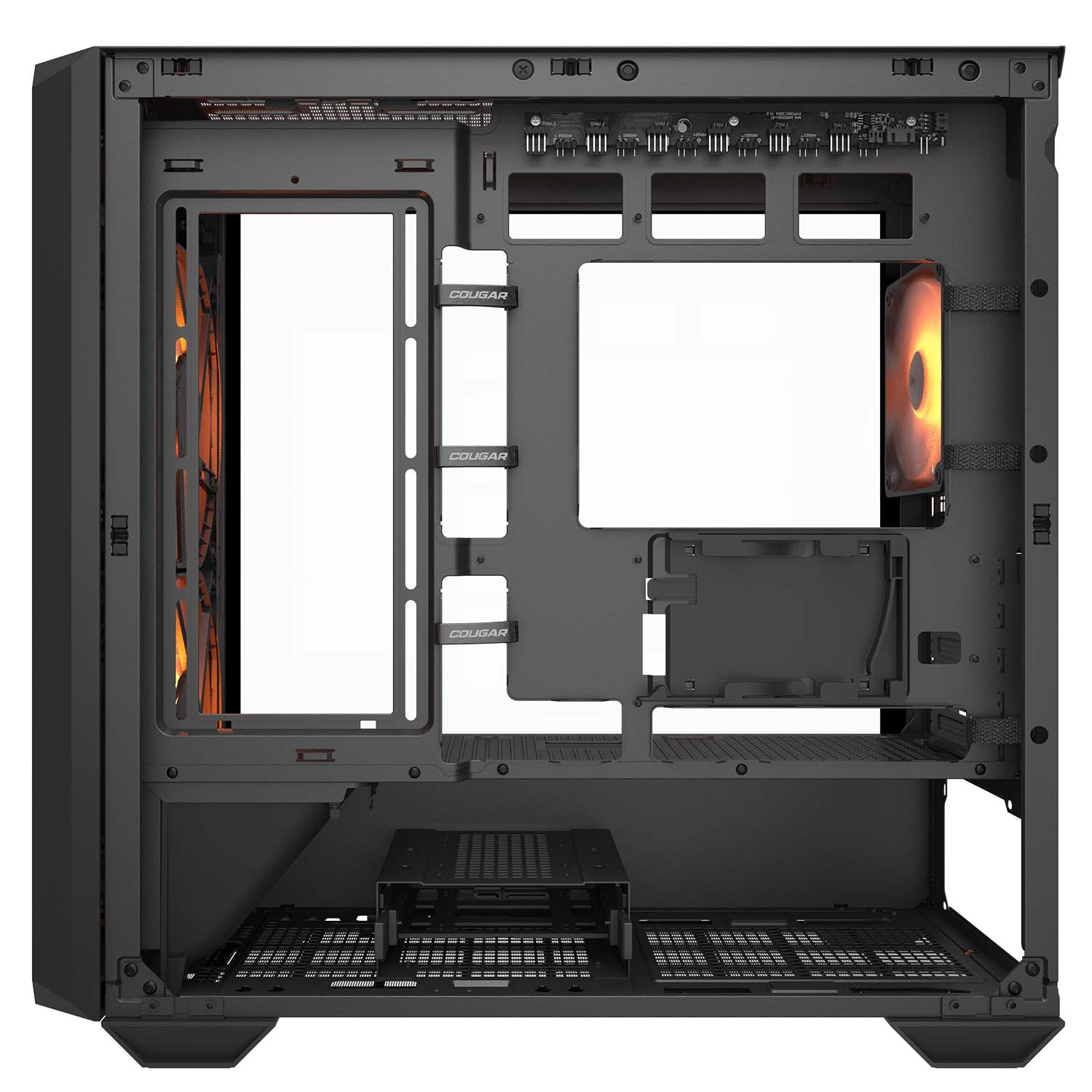 Vista interna di un case per computer nero con ventole arancioni. Contiene scomparti e loghi.